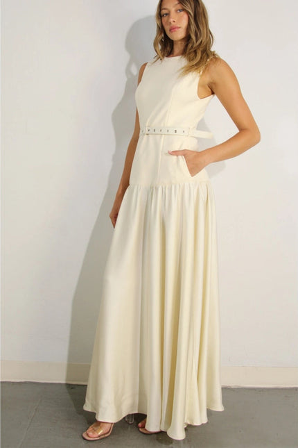 Mixed Fabric Belted Maxi Dress CREAM