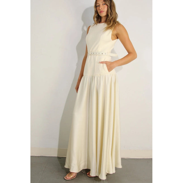 Mixed Fabric Belted Maxi Dress CREAM