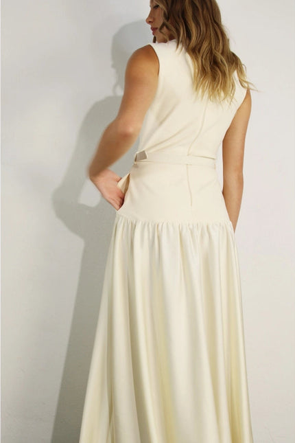 Mixed Fabric Belted Maxi Dress CREAM