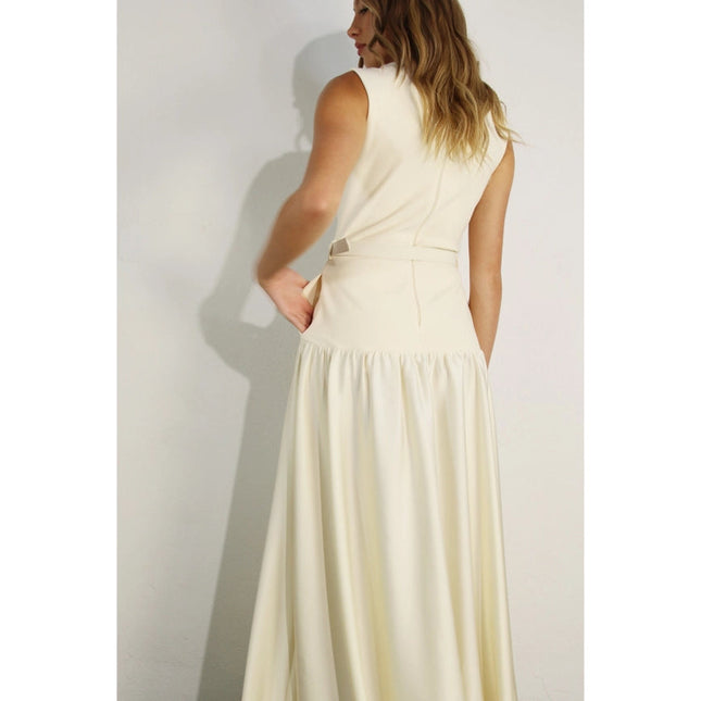 Mixed Fabric Belted Maxi Dress CREAM