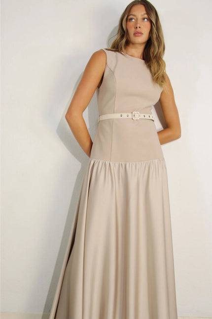 Mixed Fabric Belted Maxi Dress MAUVE BROWN