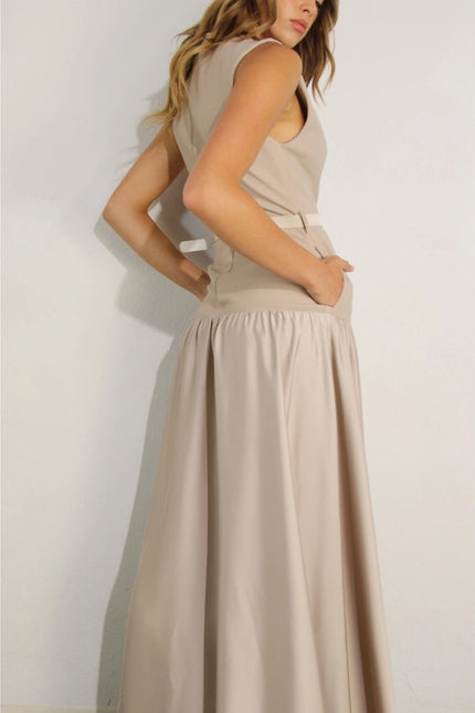 Mixed Fabric Belted Maxi Dress MAUVE BROWN