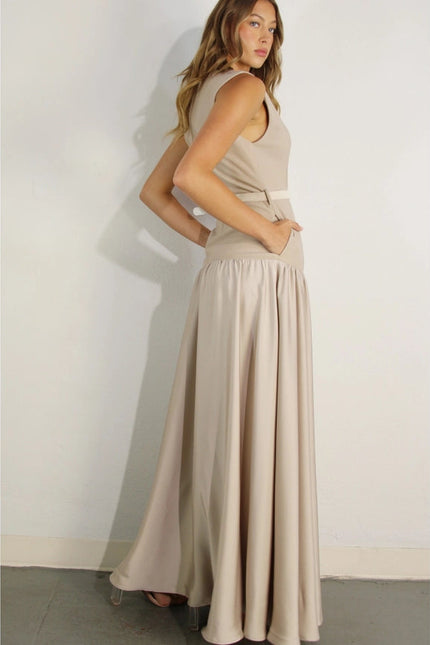 Mixed Fabric Belted Maxi Dress MAUVE BROWN