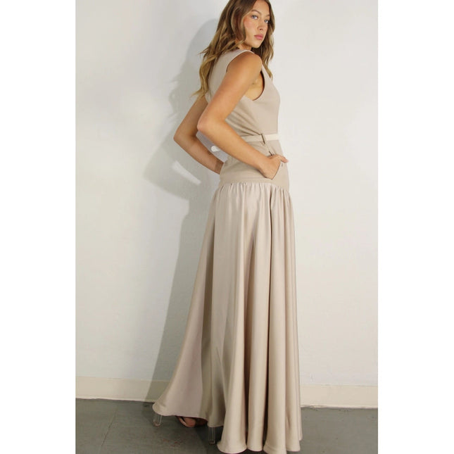 Mixed Fabric Belted Maxi Dress MAUVE BROWN