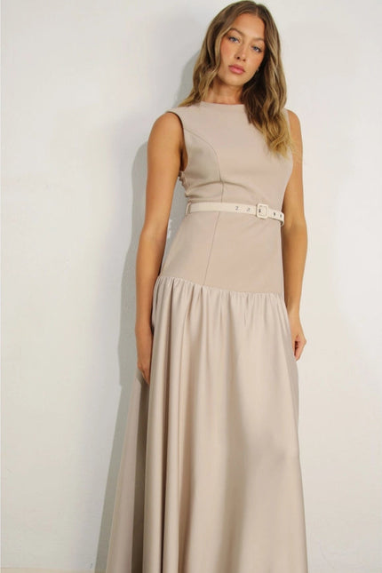 Mixed Fabric Belted Maxi Dress MAUVE BROWN