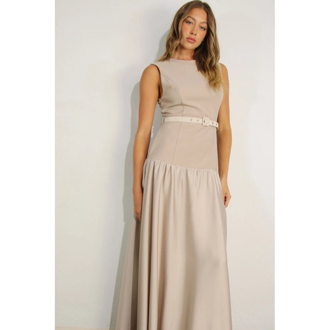 Mixed Fabric Belted Maxi Dress MAUVE BROWN