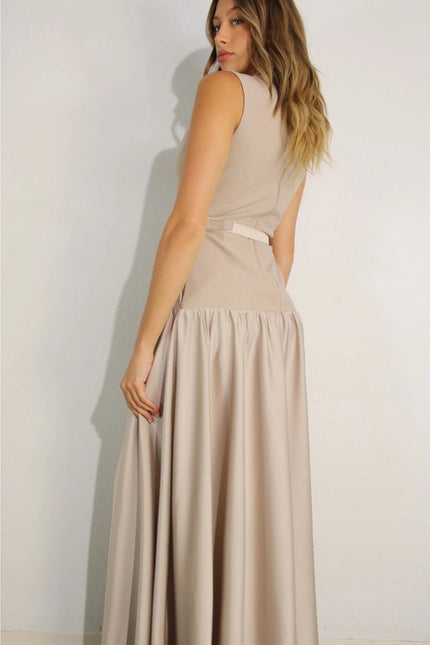 Mixed Fabric Belted Maxi Dress MAUVE BROWN