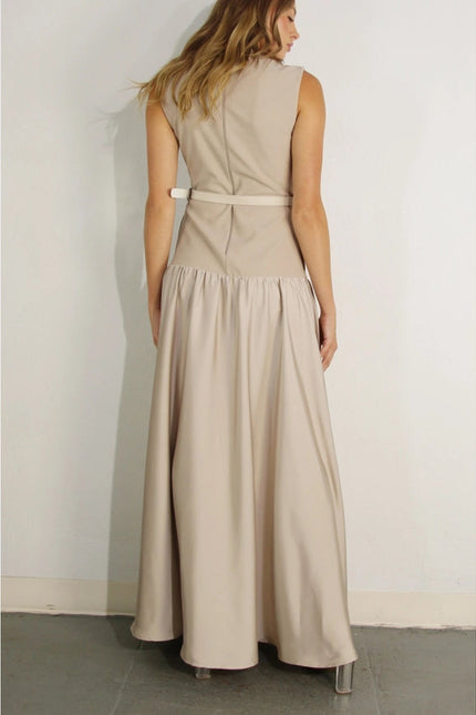 Mixed Fabric Belted Maxi Dress MAUVE BROWN