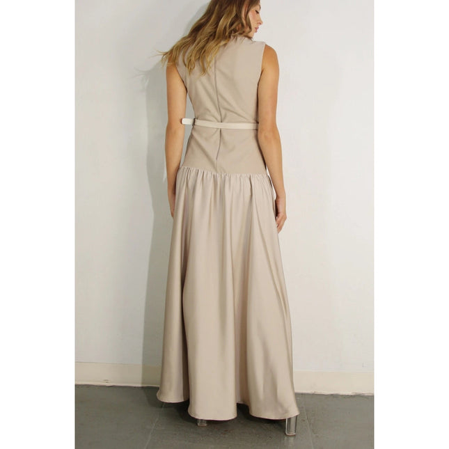 Mixed Fabric Belted Maxi Dress MAUVE BROWN