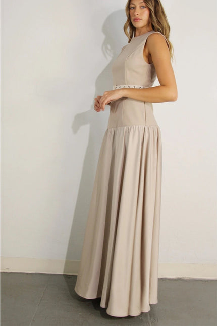 Mixed Fabric Belted Maxi Dress MAUVE BROWN