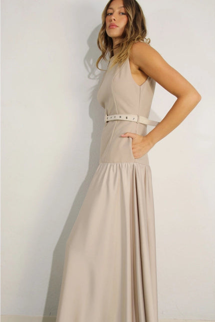 Mixed Fabric Belted Maxi Dress MAUVE BROWN