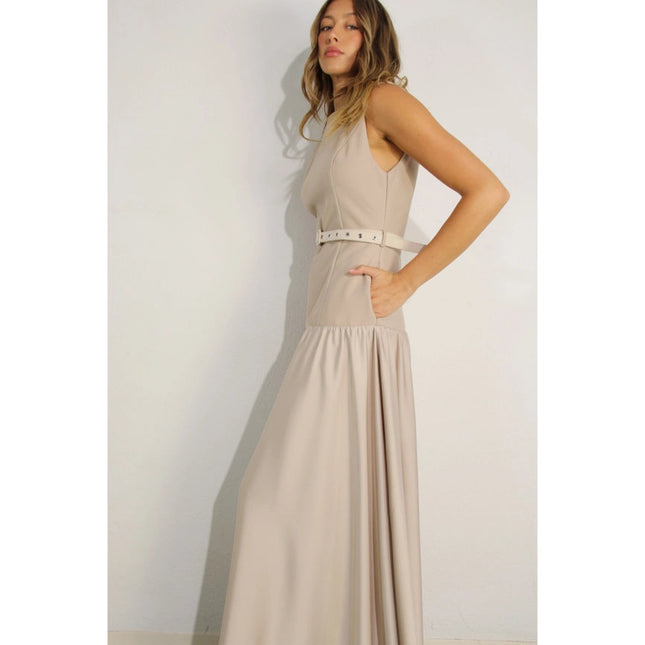 Mixed Fabric Belted Maxi Dress MAUVE BROWN