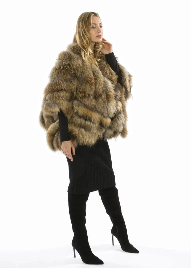 Mocha Charlotte Luxury Fox Fur Cape Coat-1