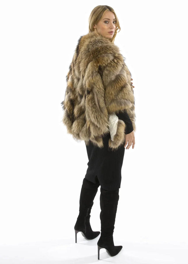 Mocha Charlotte Luxury Fox Fur Cape Coat-2