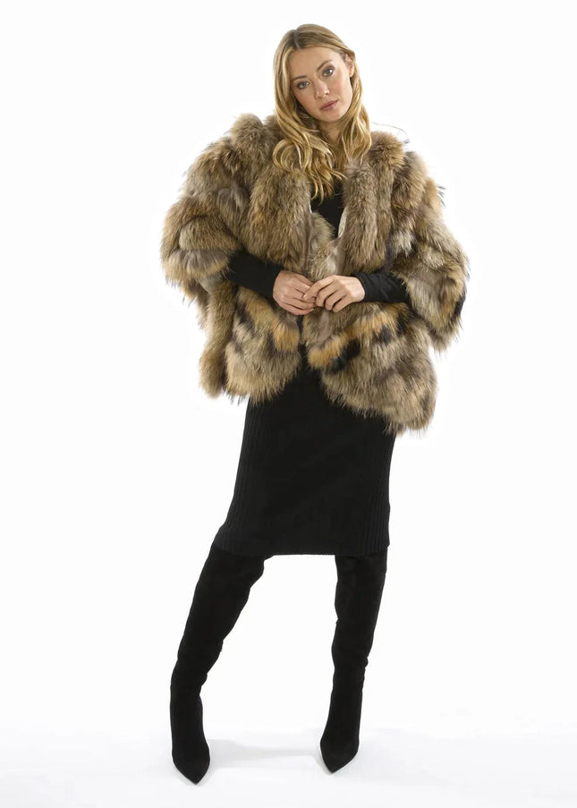 Mocha Charlotte Luxury Fox Fur Cape Coat-0