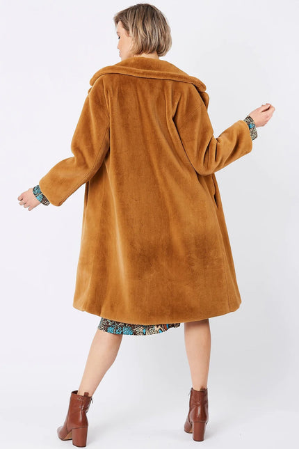 Mocha Faux Fur Midi Shaved Shearling Coat-3