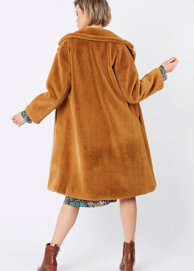 Mocha Faux Fur Midi Shaved Shearling Coat-3