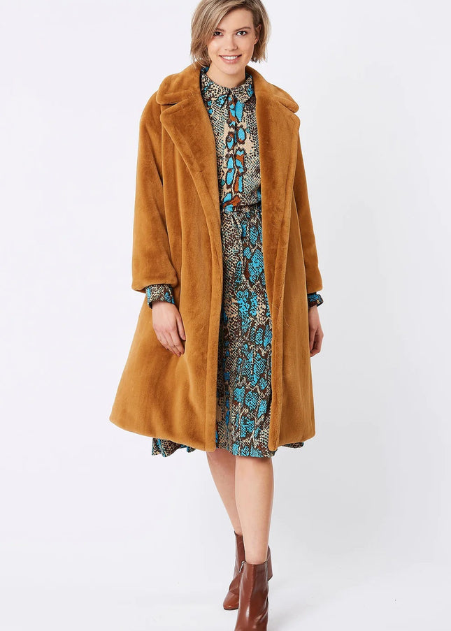 Mocha Faux Fur Midi Shaved Shearling Coat-0