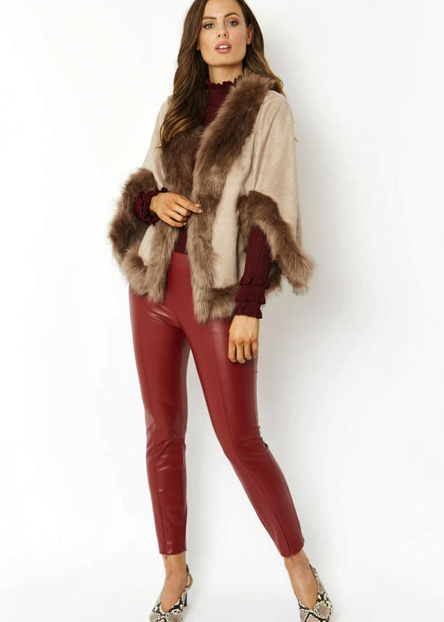 Mocha Faux Fur Suede Cape Jacket-1