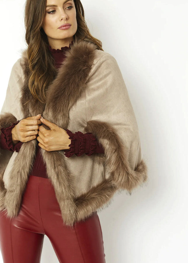 Mocha Faux Fur Suede Cape Jacket-2