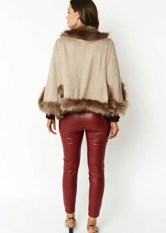 Mocha Faux Fur Suede Cape Jacket-3