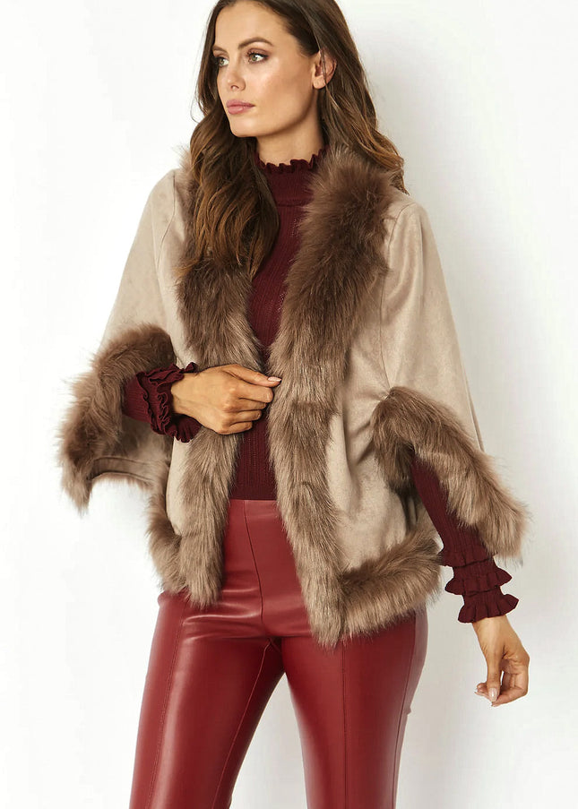 Mocha Faux Fur Suede Cape Jacket-0