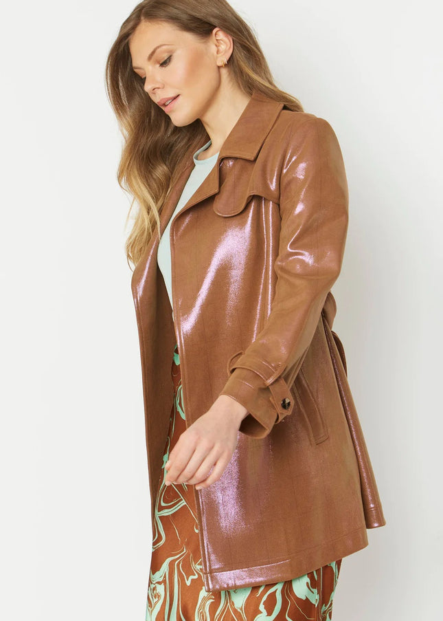 Mocha Metallic Faux Suede Trench Coat-1