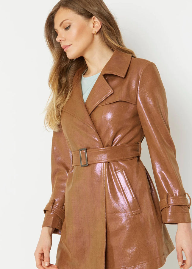 Mocha Metallic Faux Suede Trench Coat-2