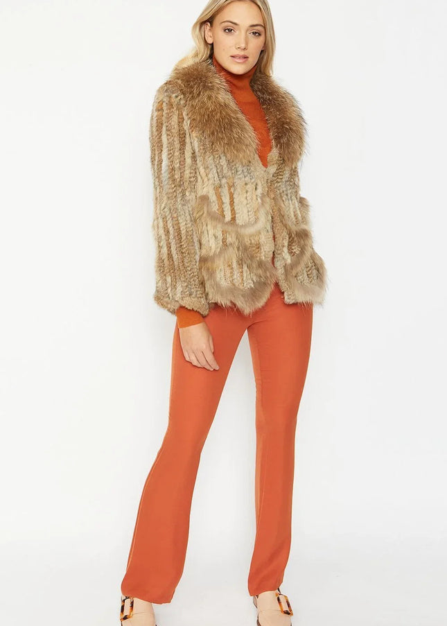 Mocha Scalloped Coney Fur Jacket With Fox Fur Collar-1