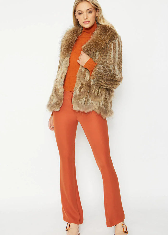 Mocha Scalloped Coney Fur Jacket With Fox Fur Collar-2