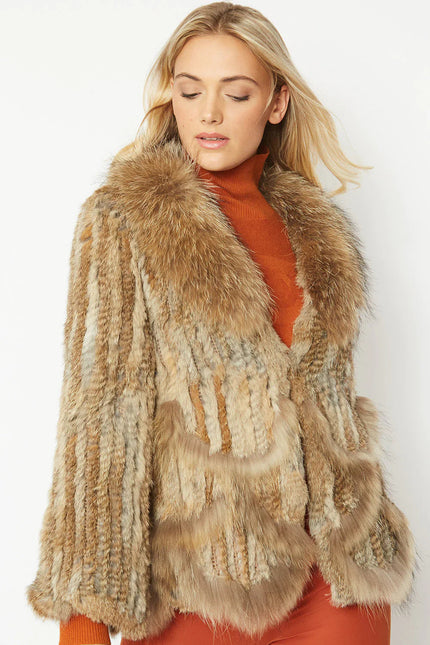 Mocha Scalloped Coney Fur Jacket With Fox Fur Collar-0