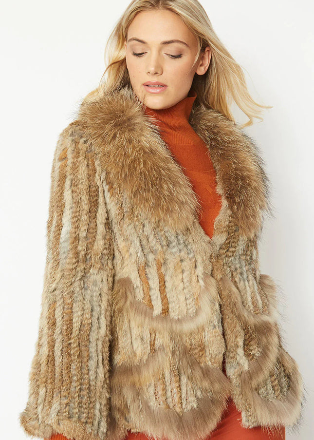 Mocha Scalloped Coney Fur Jacket With Fox Fur Collar-0