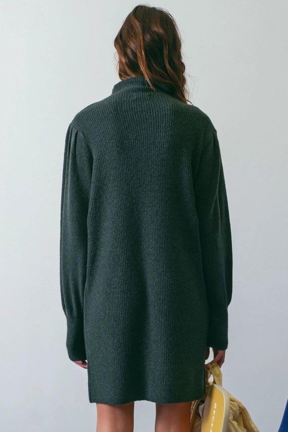 Mock Neck Long Puff Sleeve Knit Sweater Dress HUNTER GREEN