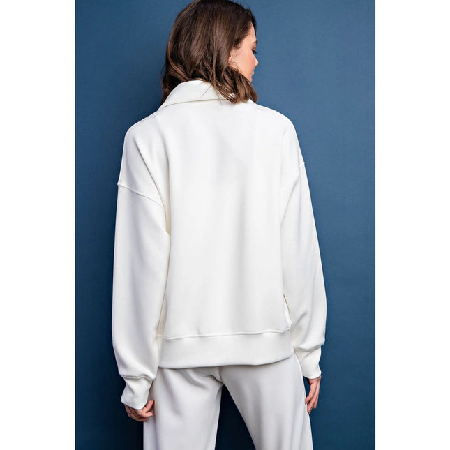 Modal Poly Span Quarter Zip Funnel Neck Pullover Cream