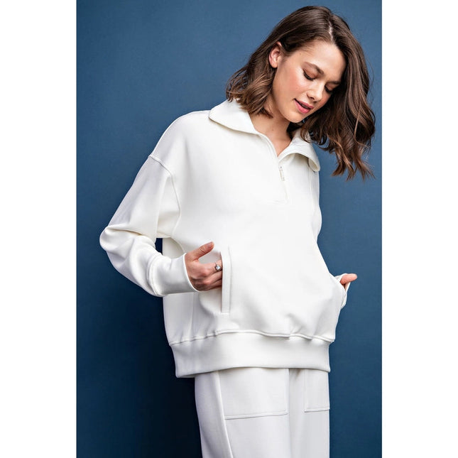 Modal Poly Span Quarter Zip Funnel Neck Pullover Cream