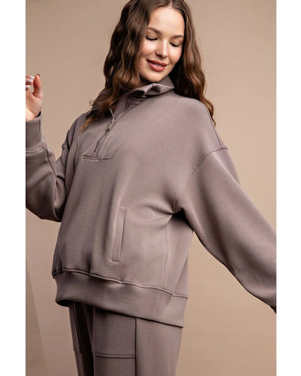 Modal Poly Span Quarter Zip Funnel Neck Pullover Mocha