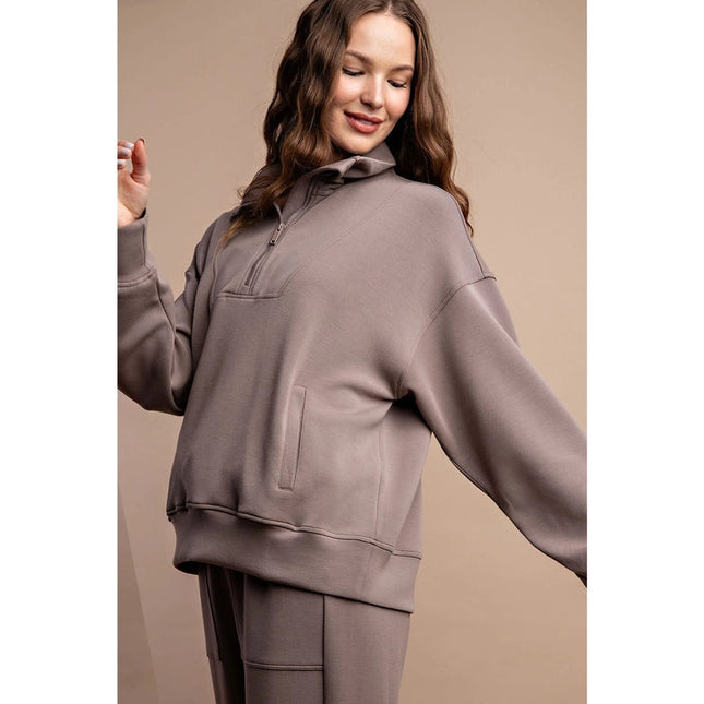 Modal Poly Span Quarter Zip Funnel Neck Pullover Mocha