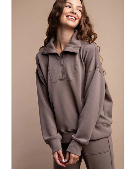 Modal Poly Span Quarter Zip Funnel Neck Pullover Mocha