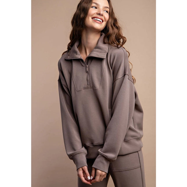 Modal Poly Span Quarter Zip Funnel Neck Pullover Mocha