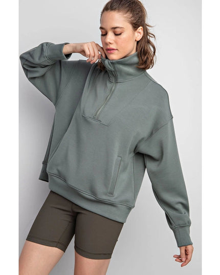 Modal Poly Span Quarter Zip Funnel Neck Pullover Sage Leaf