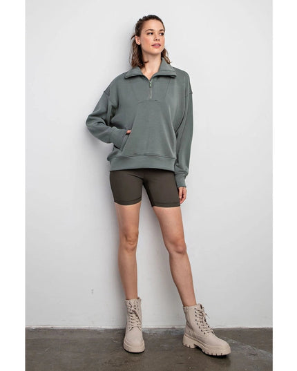 Modal Poly Span Quarter Zip Funnel Neck Pullover Sage Leaf