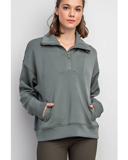 Modal Poly Span Quarter Zip Funnel Neck Pullover Sage Leaf