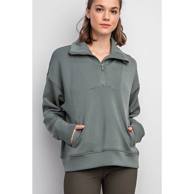 Modal Poly Span Quarter Zip Funnel Neck Pullover Sage Leaf