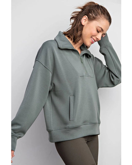 Modal Poly Span Quarter Zip Funnel Neck Pullover Sage Leaf