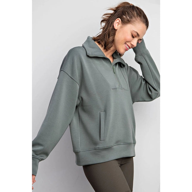 Modal Poly Span Quarter Zip Funnel Neck Pullover Sage Leaf