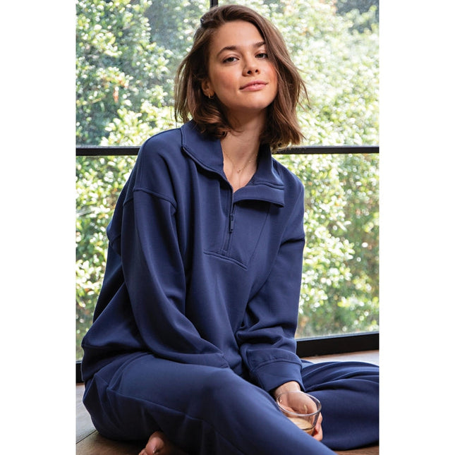 Modal Poly Span Quarter Zip Funnel Neck Pullover Smoky Navy