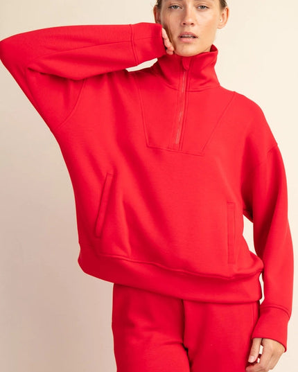 Modal Poly Span Quarter Zip Funnel Neck Pullover True Red