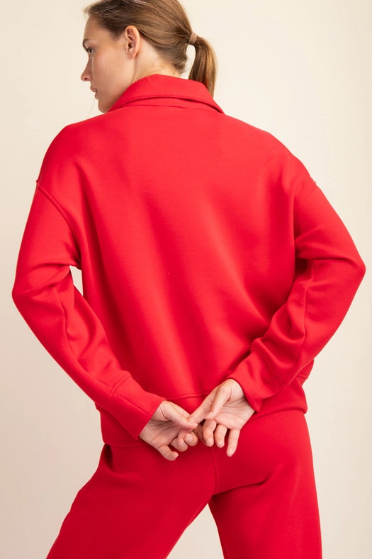 Modal Poly Span Quarter Zip Funnel Neck Pullover True Red