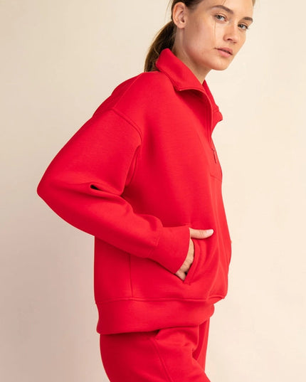 Modal Poly Span Quarter Zip Funnel Neck Pullover True Red