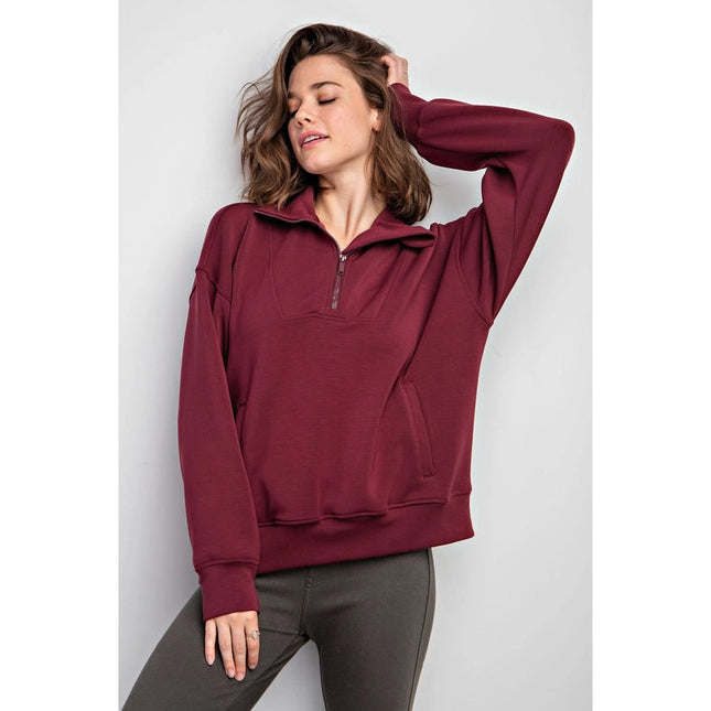 Modal Poly Span Quarter Zip Funnel Neck Pullover Wine